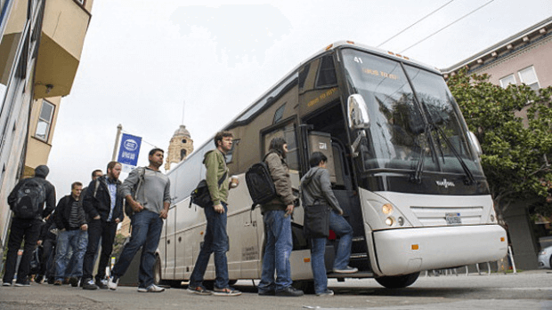 Tech bus line, city street.