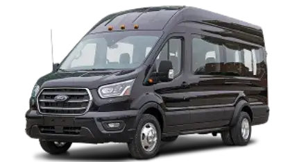 Black Ford Transit passenger van.