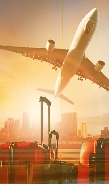 Airplane departing; luggage awaits.