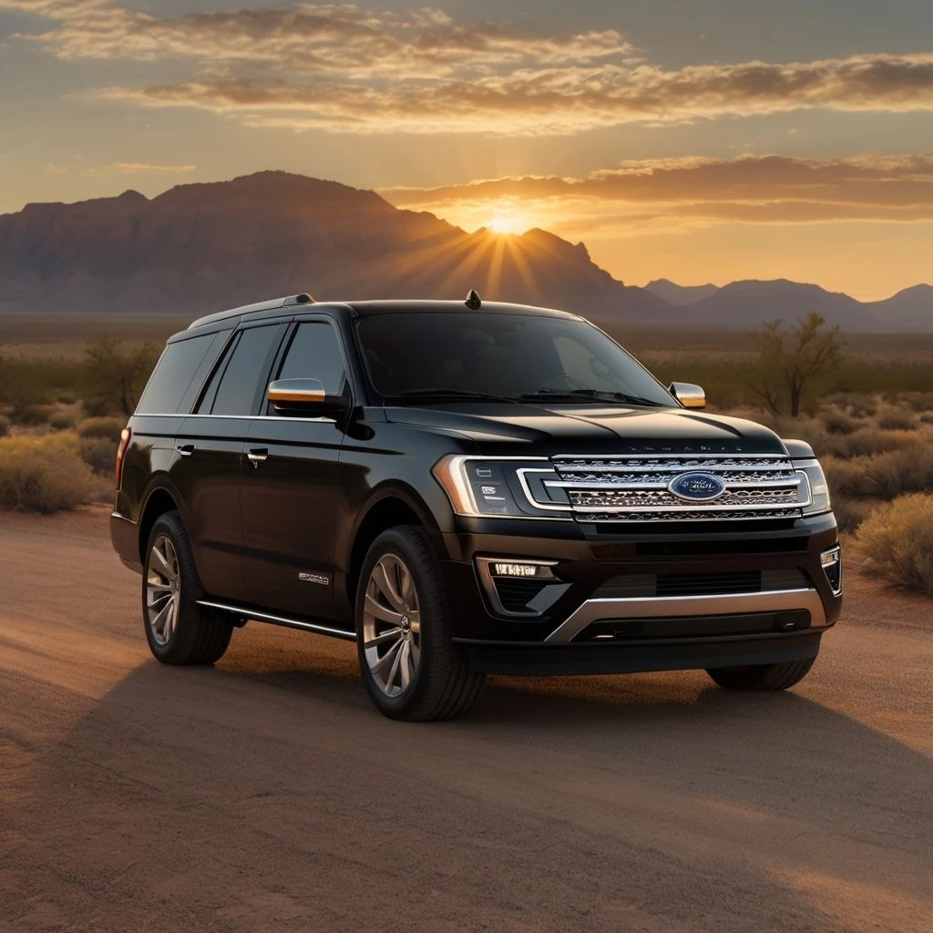 Black Ford SUV driving on desert road at sunset, mountains in the background.