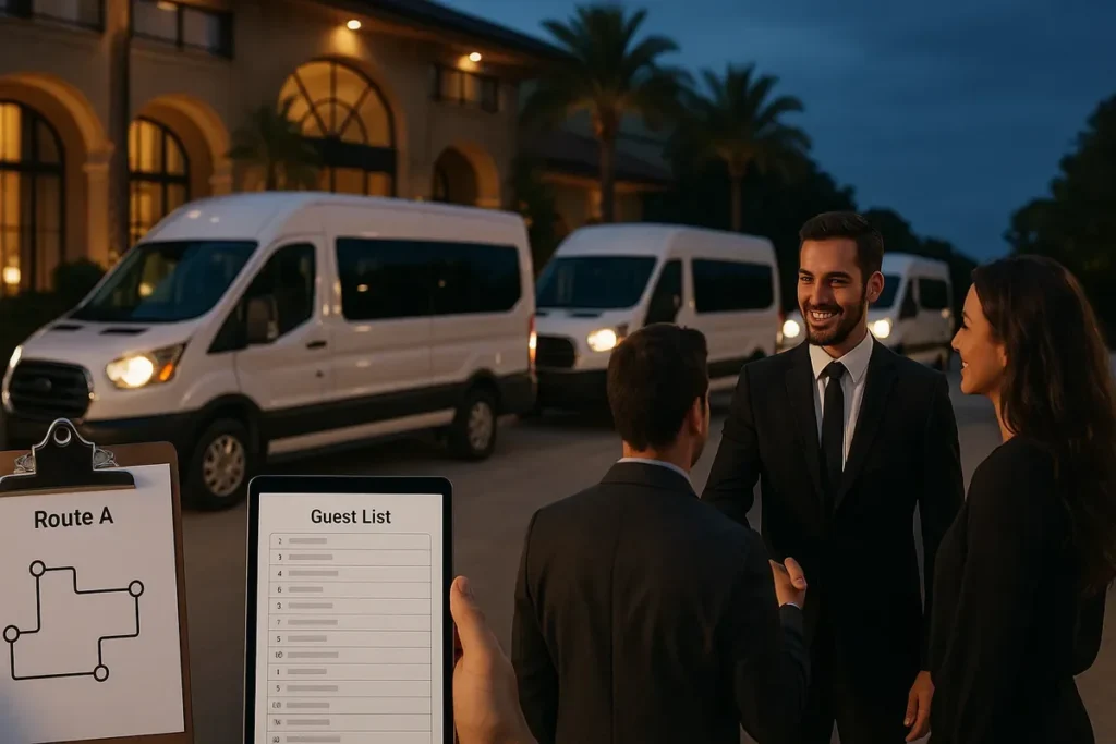 Hosts greet guests at an evening check-in; a tablet shows the guest list and a route map sign, with white shuttle vans parked in the background across dusk-lit architecture.