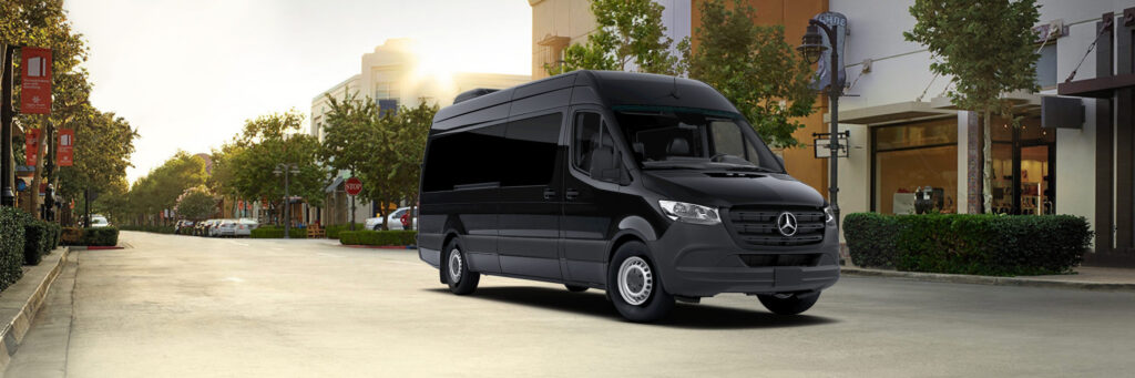 Black Mercedes‑Benz van parked on a sunny urban street with shops and trees nearby.