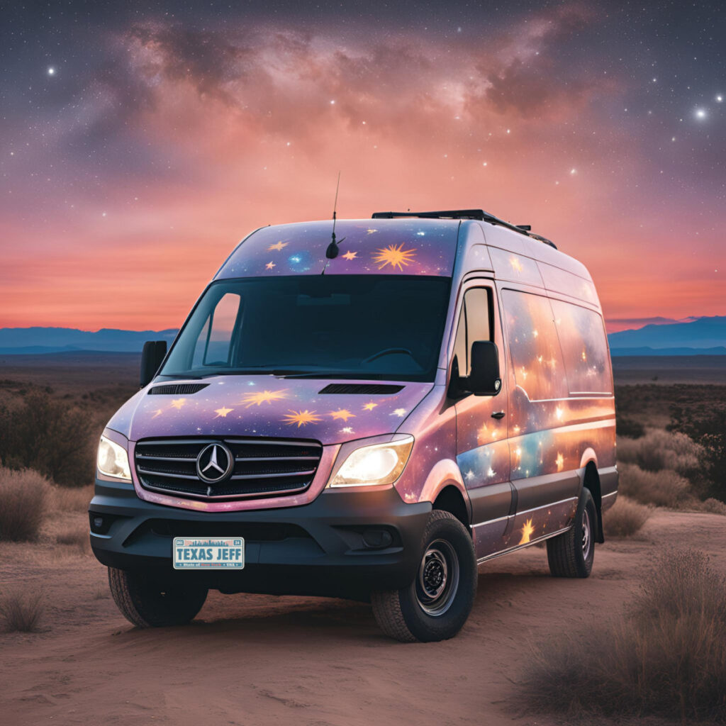 White Mercedes Sprinter van in a desert at sunset with a galaxy/starry wrap and stars visible on the windshield; Texas Jeff license plate present.