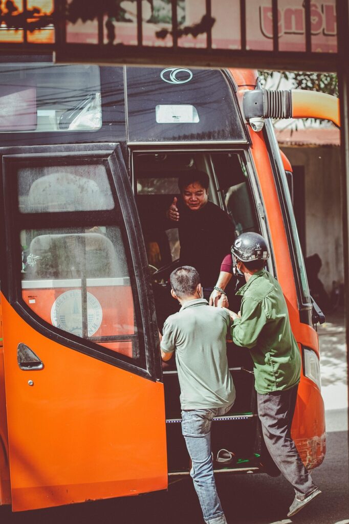 bus, passenger, transportation, urban, city, vehicle, men