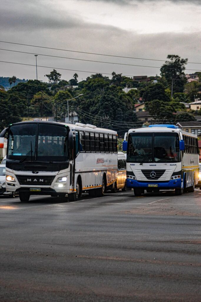 Two large buses, one black and one white, navigate an urban street intersection, surrounded by lush greenery.
